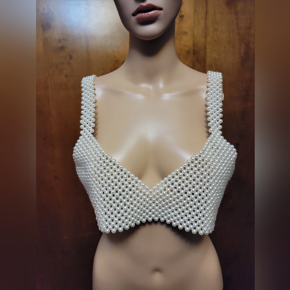 Pearl Beaded Crop Top - White